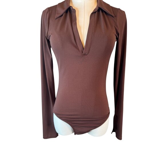 Zara Brown Small Long Sleeve Collared Bodysuit Snap Closure - Picture 5 of 14